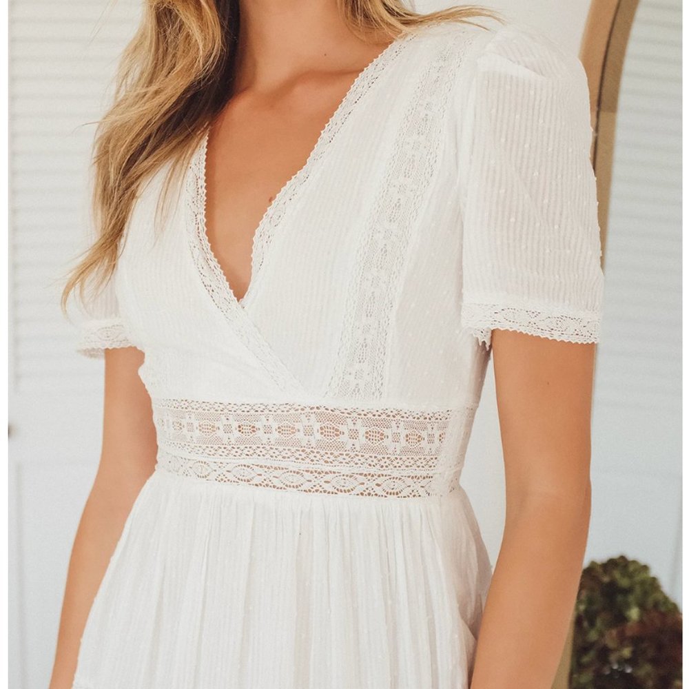 Lulu's Folklore White Swiss Dot Lace Tiered Midi Dress